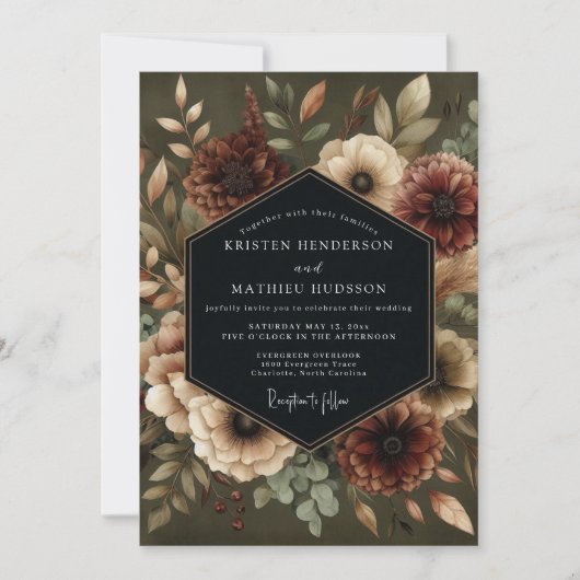 Olive Bloom Moody Wedding Einladung (Vorderseite)