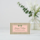 Olive Blush Stripes & Bow Retro Visitenkarte (Stehend Vorderseite)