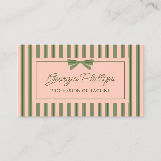 Olive Blush Stripes & Bow Retro Visitenkarte (Vorderseite)