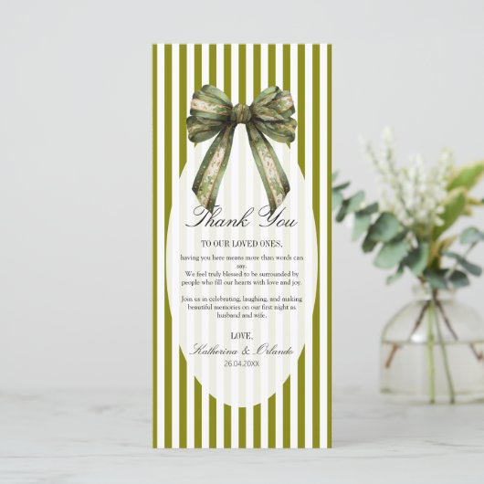 Olive-Bow-Hochzeitsplatzsetting-Dankeskarten Programm (Stehend Vorderseite)