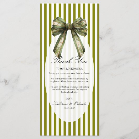 Olive-Bow-Hochzeitsplatzsetting-Dankeskarten Programm (Vorderseite)
