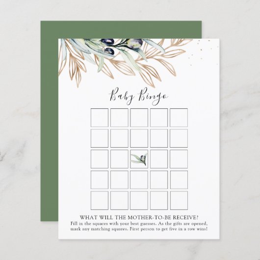 Olive Branch Baby Dusche Bingo Game Card (Vorne/Hinten)