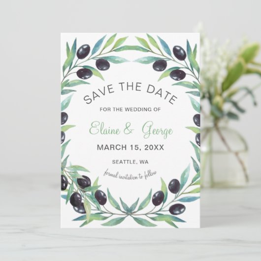 Olive Branch Botanische Hochzeit speichern Sie die Save The Date (Stehend Vorderseite)