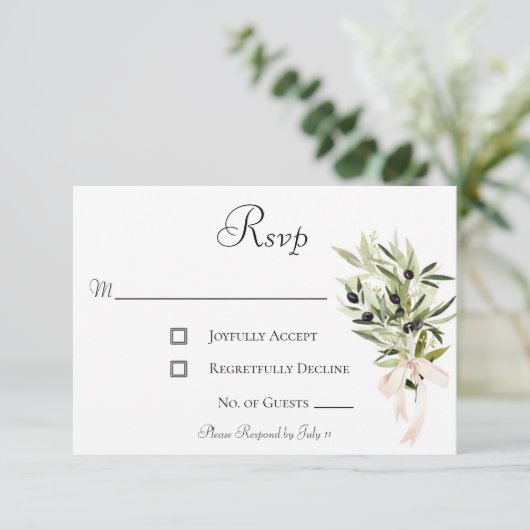 Olive Branch Bouquets Wedding RSVP Karte (Stehend Vorderseite)