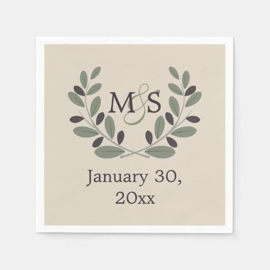 Olive Branch Kranz mit Initialen Hochzeit Serviette (Vorderseite)