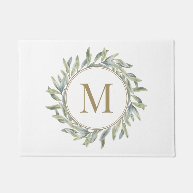 Olive Branch Laurel Wreath Personalisiert Monogram Fußmatte (Vorderseite)