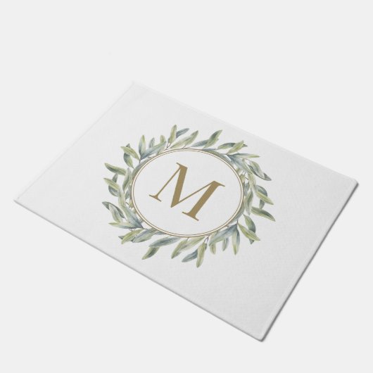 Olive Branch Laurel Wreath Personalisiert Monogram Fußmatte (Schrägansicht)