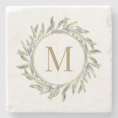 Olive Branch Laurel Wreath Personalisiert Monogram Steinuntersetzer (Vorderseite)