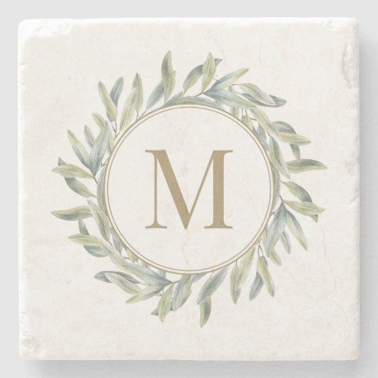 Olive Branch Laurel Wreath Personalisiert Monogram Steinuntersetzer (Vorderseite)