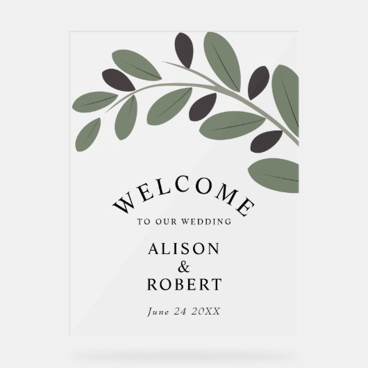 Olive Branch mattiert Hochzeitszeichen Acrylschild (Vorderseite)