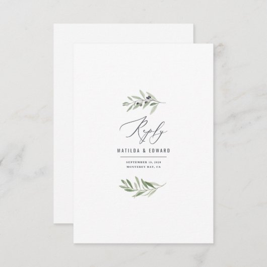 Olive Branch minimale Aquarellfarben Brautantwort (Vorne/Hinten)