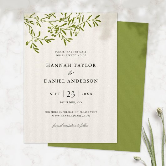 Olive Branch Save the Date Karte | Elfenbein