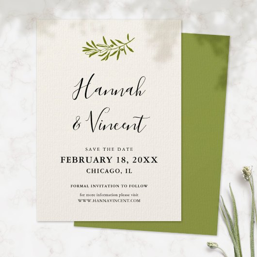 Olive Branch Save the Date Karte | Elfenbein