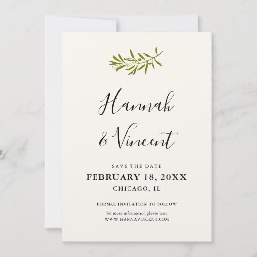 Olive Branch Save the Date Karte | Elfenbein (Vorderseite)