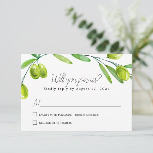 Olive Branch Script Classic Respektkarte RSVP Karte (Stehend Vorderseite)