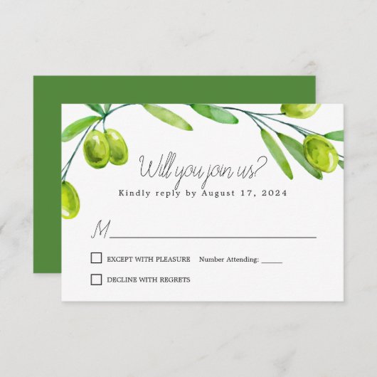 Olive Branch Script Classic Respektkarte RSVP Karte (Vorne/Hinten)