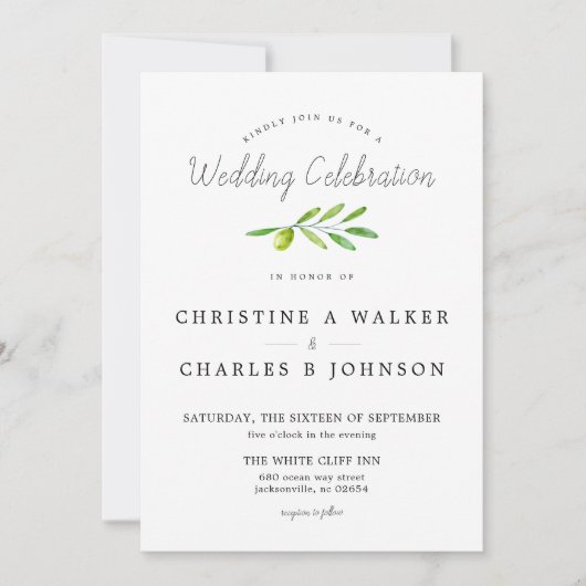 Olive Branch Script Classic Wedding Einladung (Vorderseite)