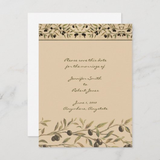 Olive Branch Toskana Save the Date Ankündigungspostkarte (Vorne/Hinten)