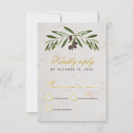 Olive Branch Wedding Elegante Script Imitate Gold  RSVP Karte (Vorderseite)