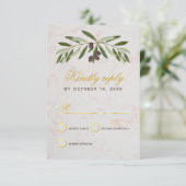 Olive Branch Wedding Elegante Script Imitate Gold  RSVP Karte (Stehend Vorderseite)