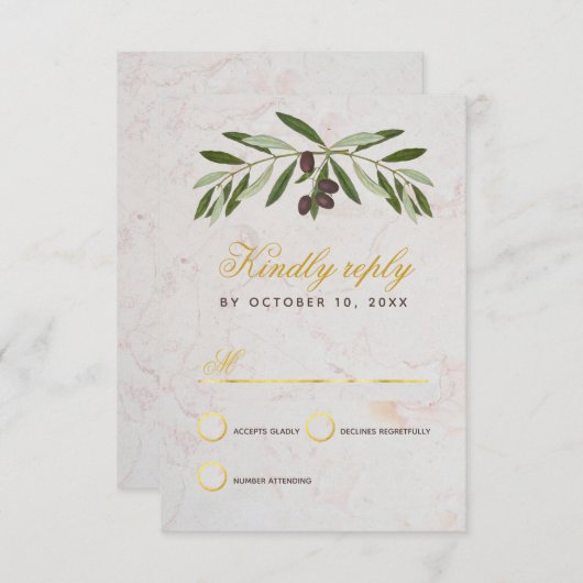 Olive Branch Wedding Elegante Script Imitate Gold RSVP Karte (Vorne/Hinten)