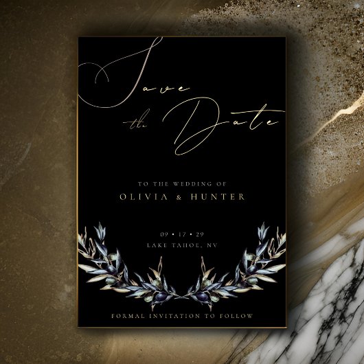 Olive Branch Wedding Save the Date Black and Gold Folieneinladung