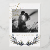 Olive Branch Wedding Save the Date Black and White Folieneinladung (Vorderseite)