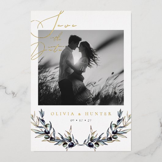 Olive Branch Wedding Save the Date Black and White Folieneinladung (Vorderseite)