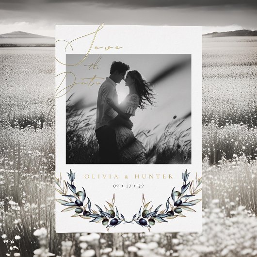 Olive Branch Wedding Save the Date Black and White Folieneinladung
