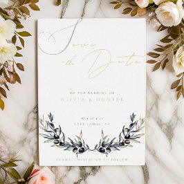 Olive Branch Wedding Save the Date White and Gold Folieneinladung