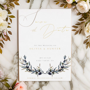 Olive Branch Wedding Save the Date White and Gold Folieneinladung