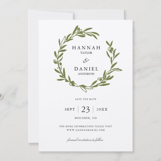 Olive Branch Wreath Save the Date Karte (Vorderseite)