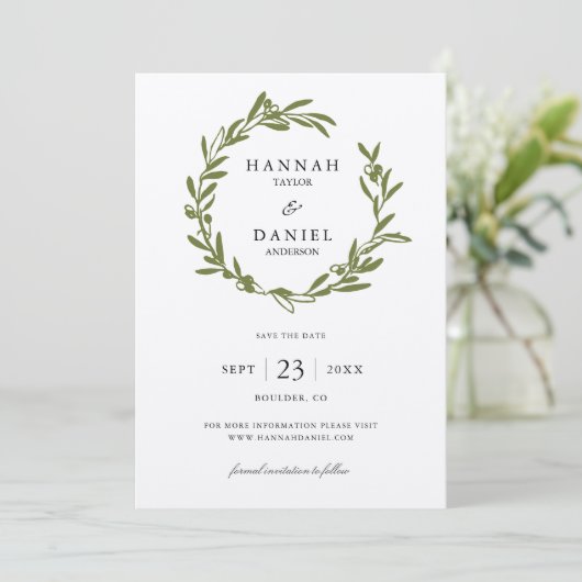 Olive Branch Wreath Save the Date Karte (Stehend Vorderseite)