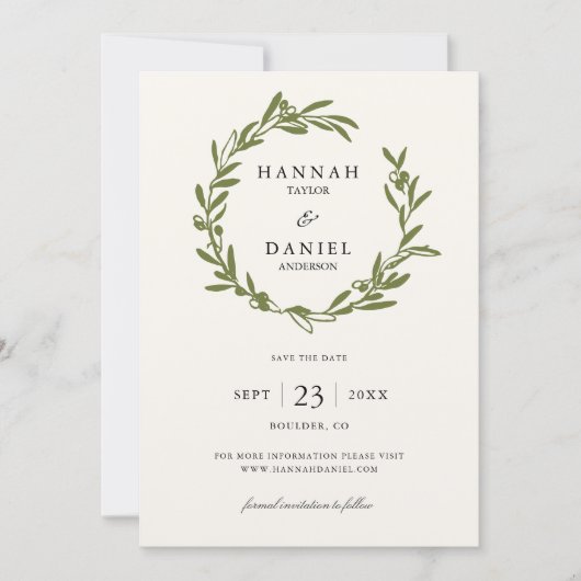 Olive Branch Wreath Save the Date Karte | Elfenbei (Vorderseite)