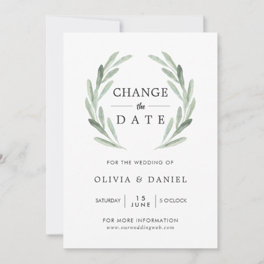 Olive Branch Wreath verändern das Datum Hochzeit Einladung (Vorderseite)