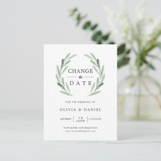 Olive Branch Wreath Wedding ändern das Datum Postkarte (Stehend Vorderseite)