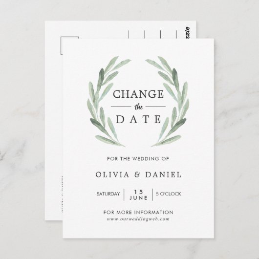 Olive Branch Wreath Wedding ändern das Datum Postkarte (Vorne/Hinten)