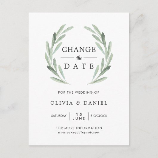 Olive Branch Wreath Wedding ändern das Datum Postkarte (Vorderseite)