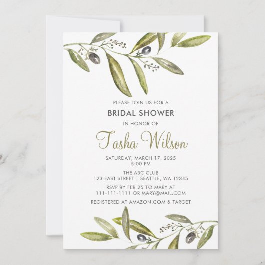 Olive Branches Brautparty Einladung (Vorderseite)
