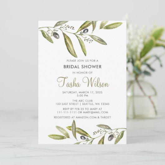 Olive Branches Brautparty Einladung (Stehend Vorderseite)