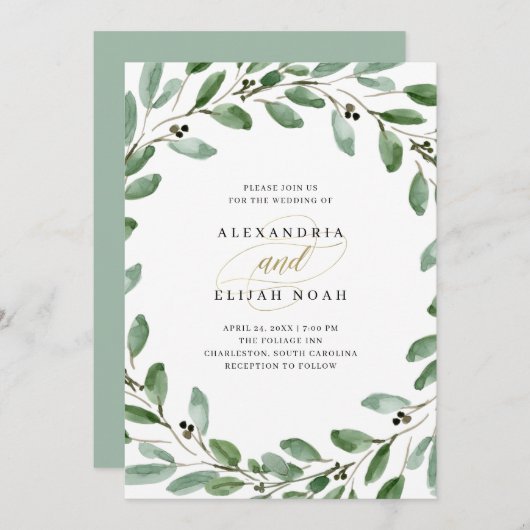 Olive Branches| Einfache Hochzeit in Wasserfarben Einladung (Vorne/Hinten)