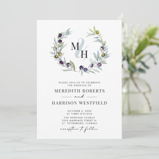 Olive Branches Monogram Wreath Wedding Einladung (Stehend Vorderseite)