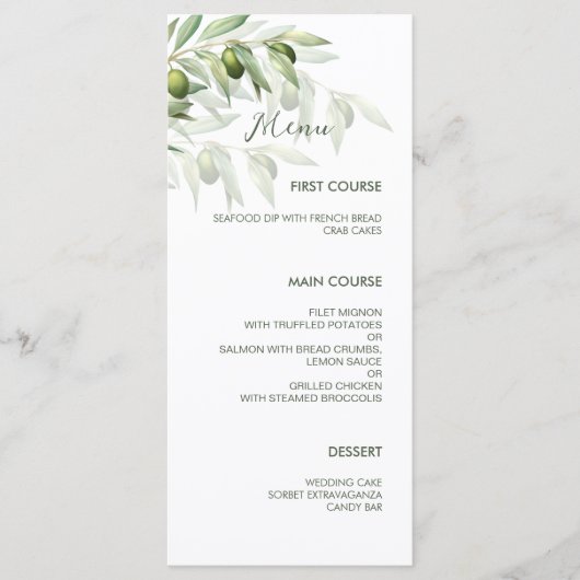 Olive Branches Watercolor Rustic Wedding Menu Menükarte (Vorderseite)