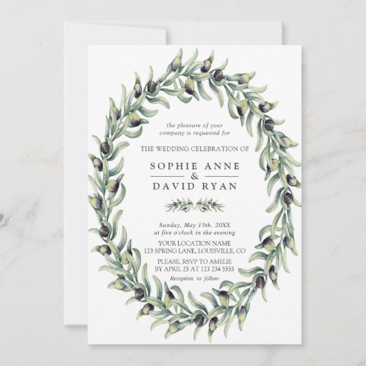 Olive Branches Wreath Wedding Einladung (Vorderseite)