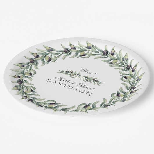 Olive Branches Wreath Wedding Pappteller (Schrägansicht)