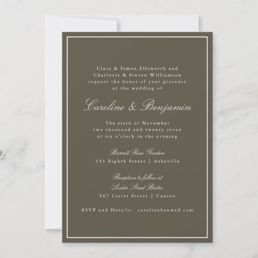 Olive Classic Border Script Elegant Wedding RSVP Einladung (Vorderseite)
