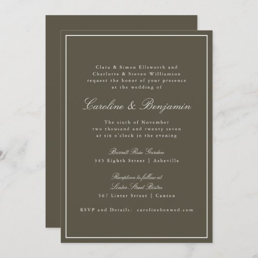 Olive Classic Border Script Elegant Wedding RSVP Einladung (Vorne/Hinten)