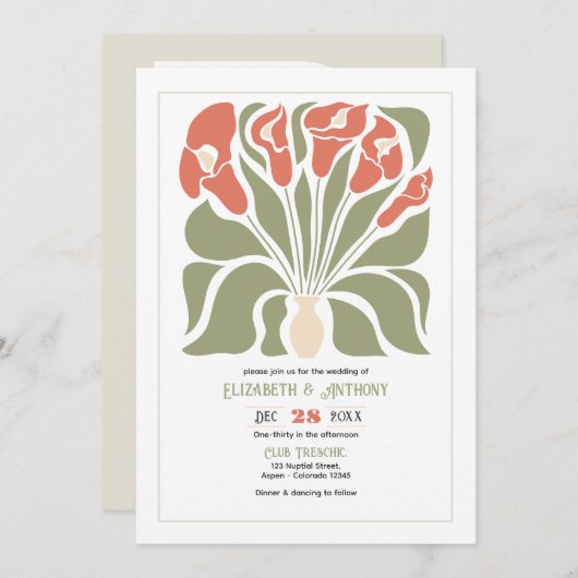 Olive & Coral Clay Abstract Floral Boho Wedding Einladung (Vorne/Hinten)