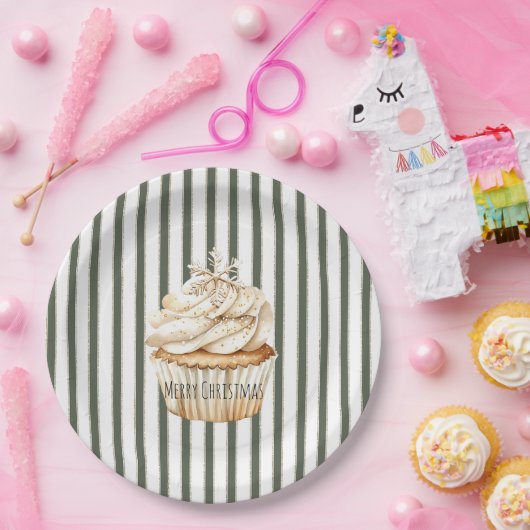 Olive Cream Stripes Snowflake Cupcake Christmas Pappteller (Party)