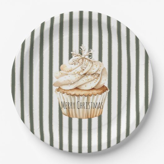 Olive Cream Stripes Snowflake Cupcake Christmas Pappteller (Vorderseite)